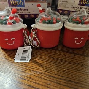 Bath & Body Works Red Smiley Face Coffee Cup Keychain Pocketbac Sanitizer Holder